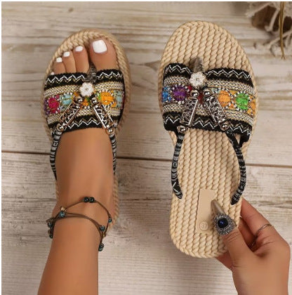 New Summer Fashion Fairy-Style Wedge Flip-Flops for Women, Straw Flower Thick-Soled Casual Pastoral Vacation Beach Shoes